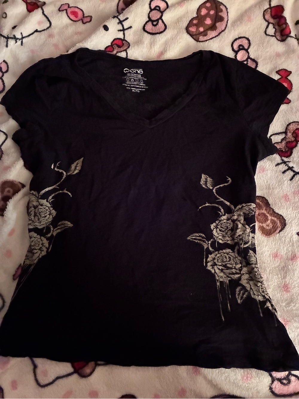Y2K Black V-Neck Floral Accent Women's Top